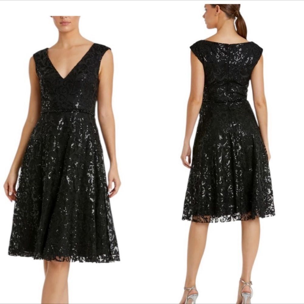 Mac Duggal 68012 Black Sequin Cap Sleeve Midi Cocktail Dress | Size 6